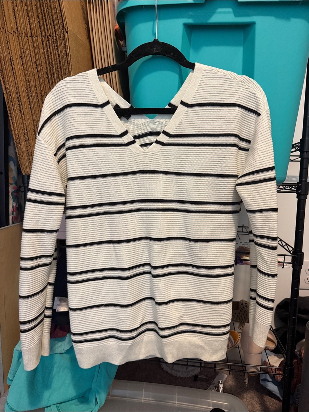 Talbots Cream and Black Striped V-Neck Sweater